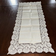 Vintage White Linen Table Runner / Dresser Scarf with Handmade Lace 33x15  