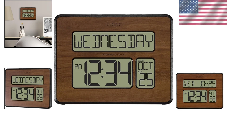 Perfect Gift: Atomic Calendar Clock with Large Display in Elegant Walnut Finish - Image 2 of 4