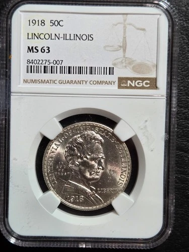 Beautiful 1918 Lincoln/Illinois Commemorative Half Dollar NGC Graded MS 63