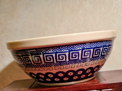 POLNISCHE KERAMIK Servier-/Mischschale Boleslawiec geometrisch Pfau blau 8,0 Zoll - Bild 1 von 10