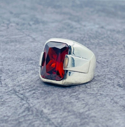 925 Silver With Red Garnet Zircon Gemstone Men's Ring, Official Signet Men Ring.