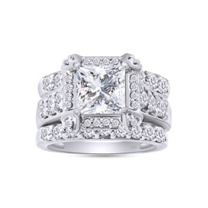 Authentic 3Pcs Engagement Bridal Ring Set Simulated Diamond 14K White Gold Plated Sterling