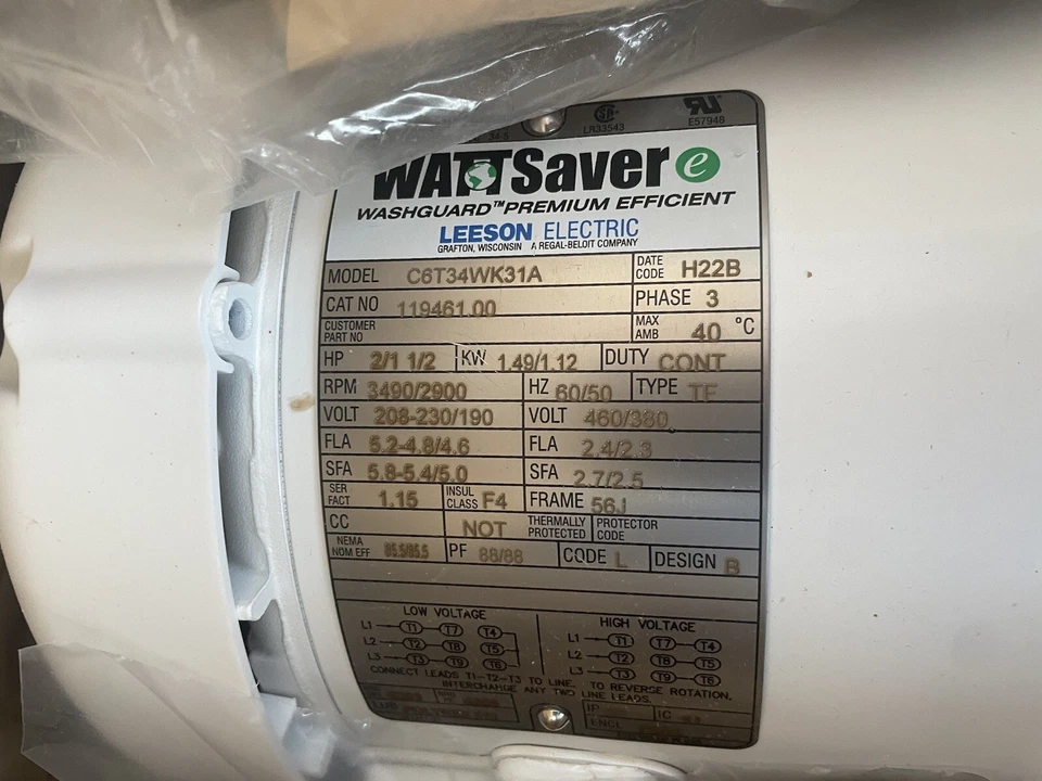 NEW Leeson 119461.00 Washdown Motor 2.5 Hp Face/Base 3-Phase H22B - Image 2 of 2
