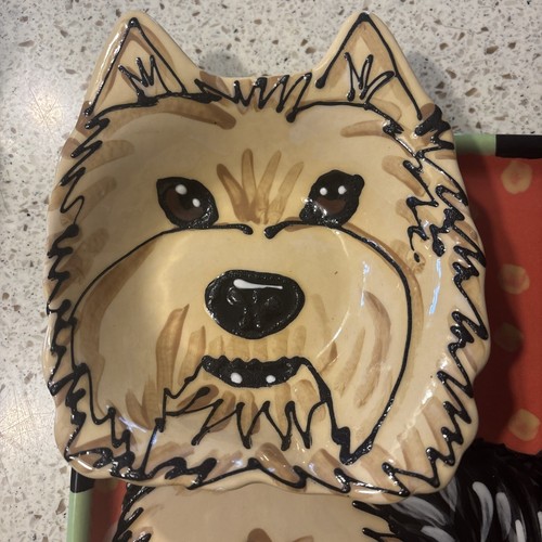 Yorkshire Terrier Yorkie Chip & Dip Plate Serving Dish With Bowl Signed Pottery - Picture 3 of 9