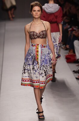 Prada Vintage Spring 2004 Milan Postcard Print Cotton Pleat Circle Skirt 38 