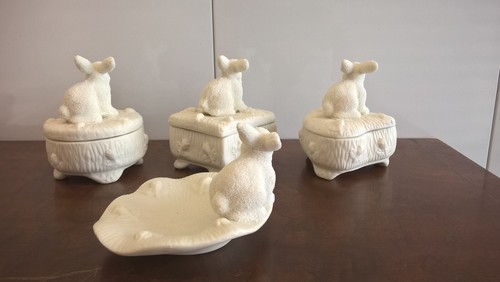 Easter Spring Candy Dish Nut Tray Set 4 Baby Bunny Rabbits Porcelain Bisque 3-4" - Picture 15 of 17