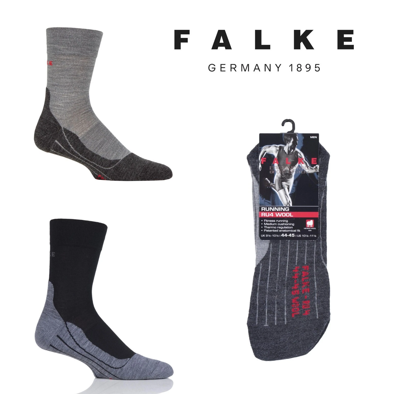 FALKE Crew Socks Men's RU4 Cushioned Wool Sports Black/Grey Various Sizes 1 Pair