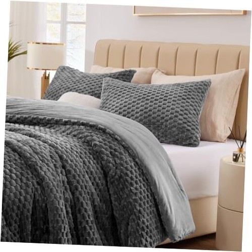 Fluffy Queen Comforter Set - Luxury Faux Fur Brushed Plaid Queen(88"x88") Grey