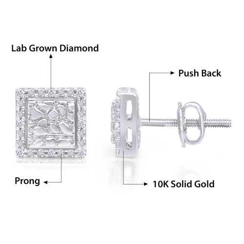 Lab Grown Round Diamond Square Shape Nugget Men's Stud Earring 10k Solid Gold - Picture 17 of 23