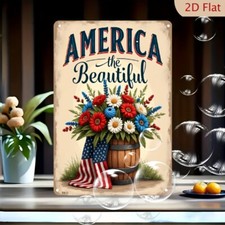 2D Flat - Vintage Patriotic Americana Metal Tin Sign - 4th of July Decor with Ru