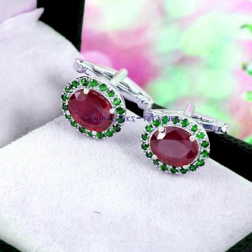 Natural Ruby & tsavorite Gemstones with 925 Sterling Silver Cufflinks #4567 - Picture 3 of 3