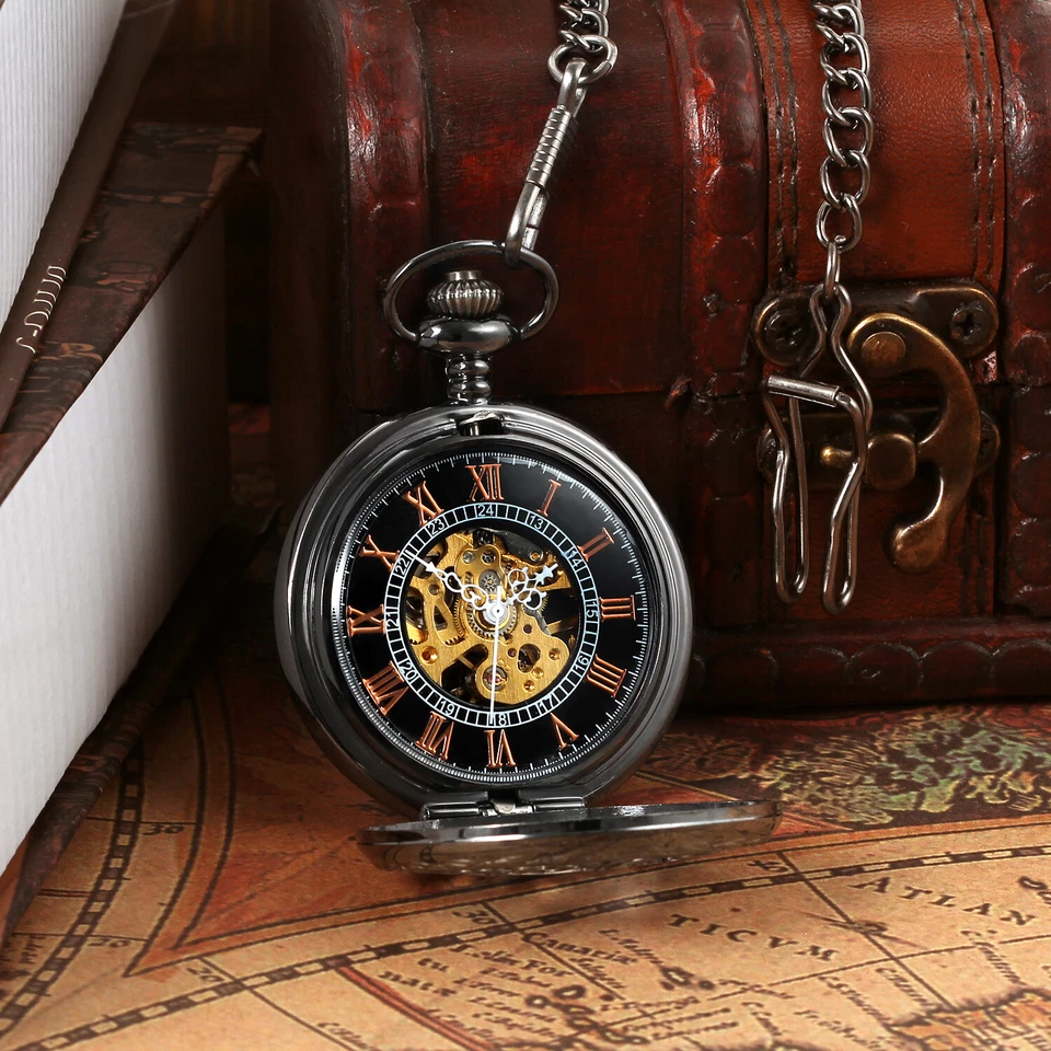 Reloj de Bolsillo Mecánico Automático Esqueleto Vintage Números Romanos Esfera Steampunk Foto 3 de 4