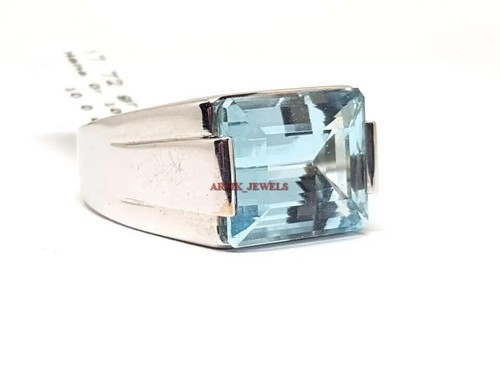 Natural Blue Topaz Gemstone with 14K White Gold Plated Silver Ring for Men AJ534 - Picture 5 of 13
