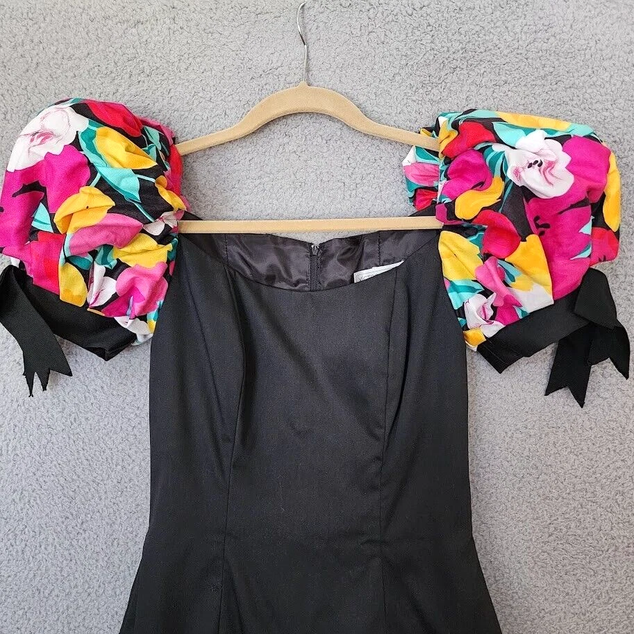 Vintage Victor Costa 80S Dress Womens Size 6 Black Floral Puff Sleeve Drop Waist - Image 2 of 4