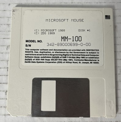 Vintage MICROSOFT Mouse Driver 3.5'' Floppy Disc MM-100 1988 1989 ZDS DISK 1 ONLY