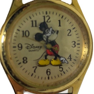 Vintage Disney Time Works 1'' MICKEY MOUSE Gold-tone Watch Brown Leather Band