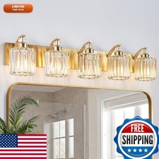 Zqoyn 5-Lights Brushed Brass Bathroom Light Gold Vanity K9 Crystal Shade E26