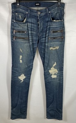 Hudson Men's Blue Broderick Front Zip Slouch Skinny Distressed Ripped Jeans 31