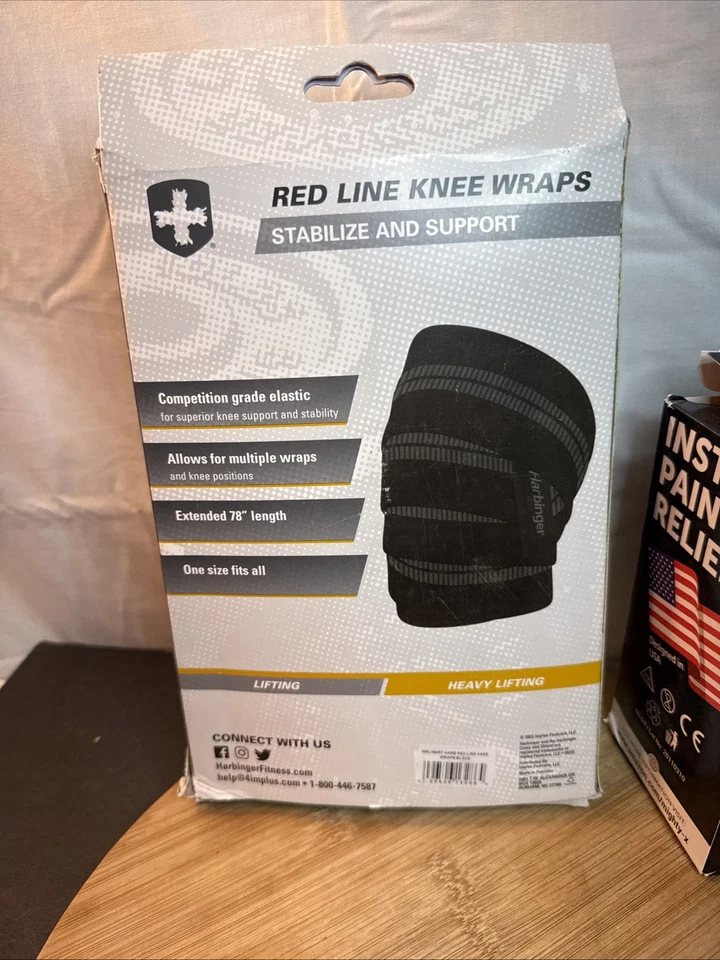 Harbinger 78" Red Line Weight Lifting Knee Wraps & Kinesiology Tape/ Knee Pain - Image 4 of 4