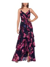 XSCAPE Womens Navy Lined Hi Lo Hem Spaghetti Strap Full-Length Gown Dress 4