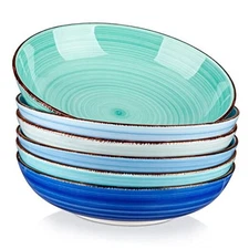  Bonita Pasta Bowls Set of 6, 38 oz Shallow Bowls, Ceramic 38 Oz Cool Color