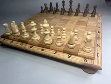 Vintage Handcrafted Rustic Oak Chess & Checkers Board Set Marked Files & Ranks