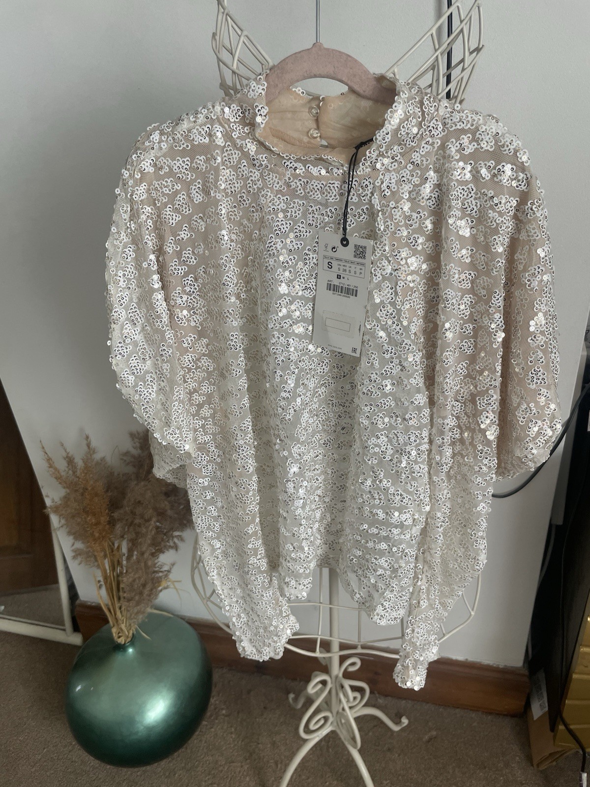 ZARA sequin blouse with puffed dramatic sleeves high neck semi sheer rare Trinny image 2