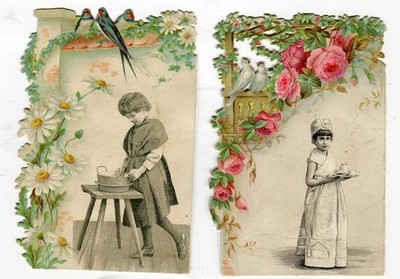 Glanzbilder Oblaten scraps Litho Kinder Schwalben Saitoin 9,8 cm