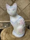 Fenton Opalescent Art Glass Hand Painted Roses Cat Figurine