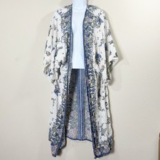 angie  loneline duster floral bohemian white  blue kimono cardigan womans sz M