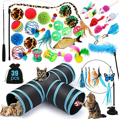 Tunnel et jouets pour chaton : lot de 39 pièces interactives avec plumes et souris
