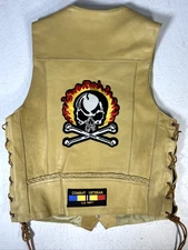 Vance Leather Vest Tan Sz 44 Nickel Snap Buttons Veteran Embroider Skull Patch