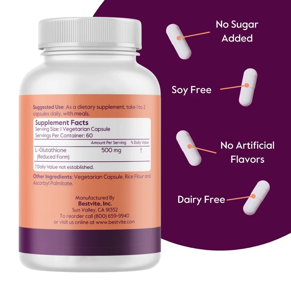 Reduced L-Glutathione 500mg (60 Vegetarian Capsules) - No Stearates - Vegan - Image 2 of 4