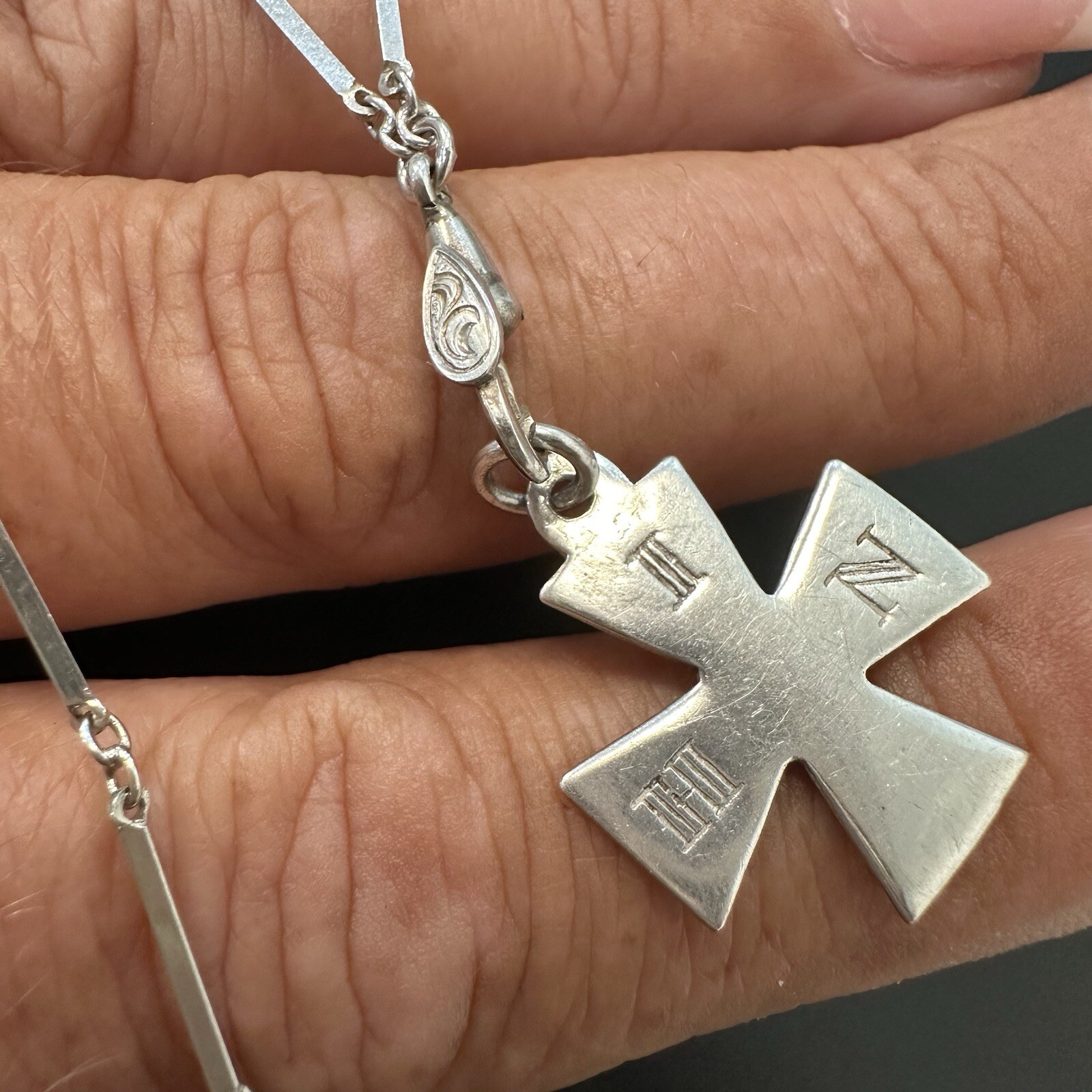 ANTIQUE ESTATE 800 SILVER CHATELAINE NECKLACE 27” w/ STERLING IHN CROSS PENDANT
