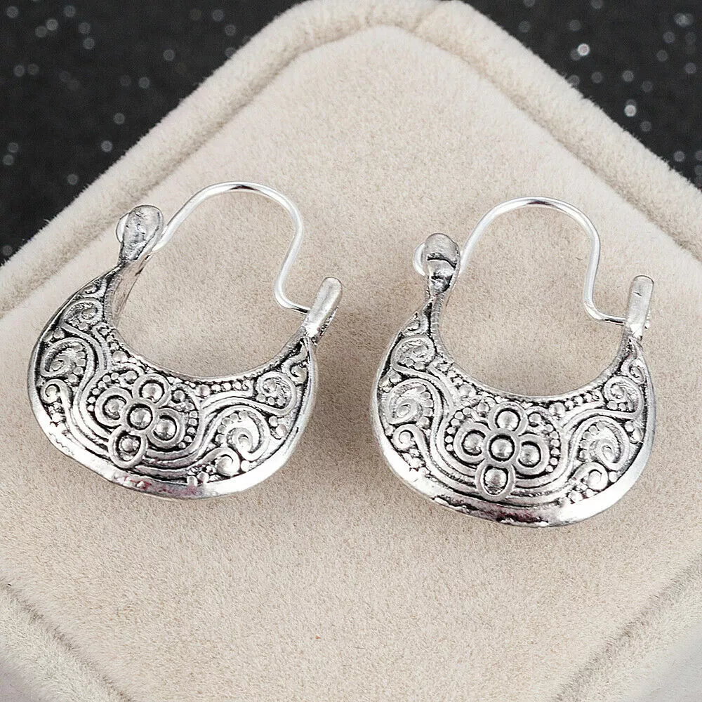 Boho 925 Sterling Silver Vintage Style Tibetan Tibet New Fashion Hoop Earrings
