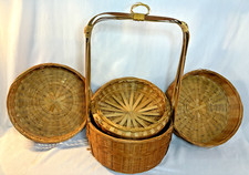 1940s 3 Tier Stacking Wedding Basket Bamboo Rattan Woven Cane 20"  in talll