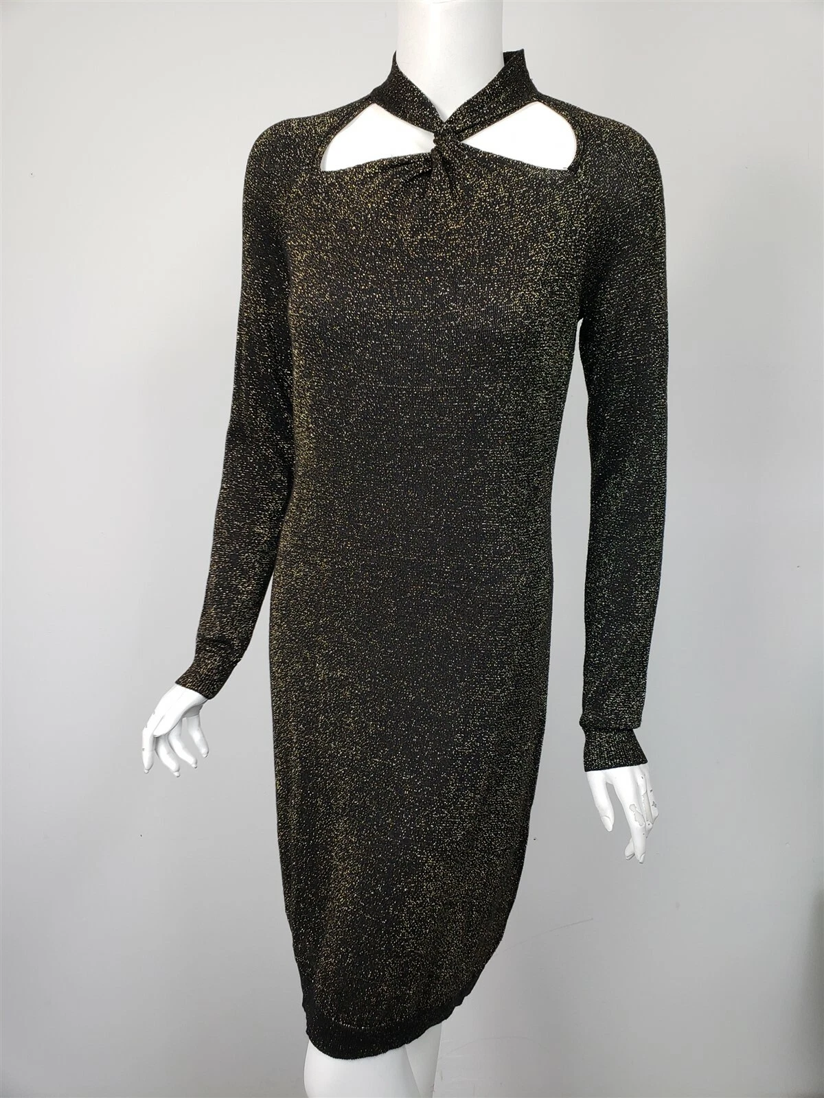 Abito maglione MICHAEL KORS scollo intrecciato metallizzato nero oro Petite M PM NUOVO CON ETICHETTE $125