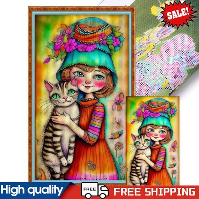 Vollstickerei Öko-Baumwolle Garn 11CT Bedruckt Mädchen Katze Kreuzstich Set 40x70cm