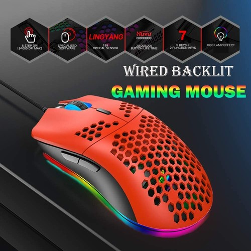 PC 2.43oz Wired Gaming Mouse Honeycomb Shell Lightweight 6400DPI USB Gaming Mice - Picture 8 of 20