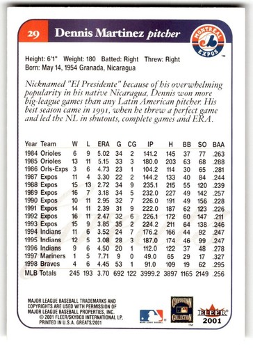 2001 Fleer Greats of the Game Dennis Martinez #29 Montreal Expos - Picture 2 of 2
