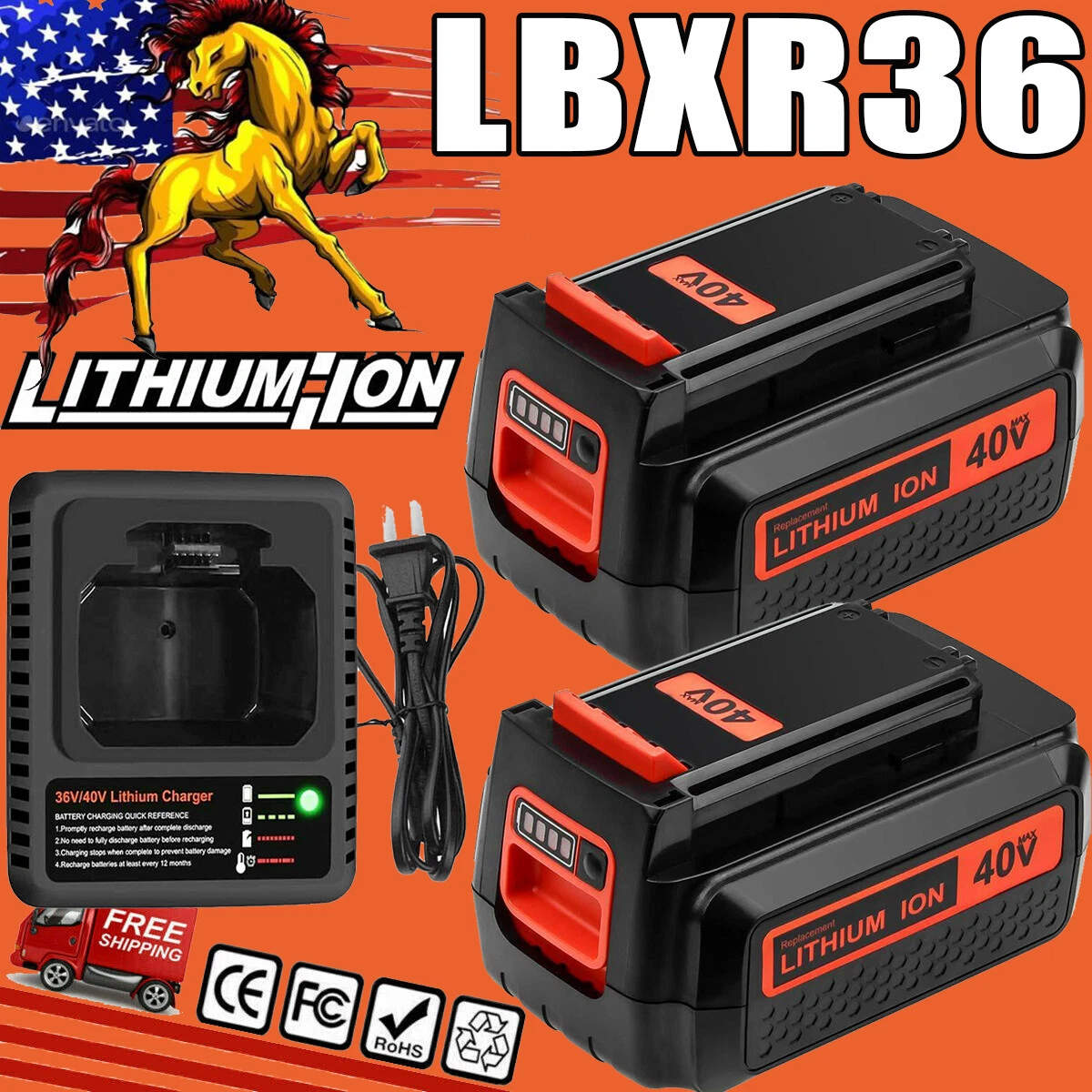 40V Lithium Battery or Charger for Black+Decker 40 Volt Max LBX2040 LBXR36  LSW36