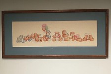 1989 Vintage Framed Cross Stitch Picture Teddy Bears Family Nursery 25" x 11"
