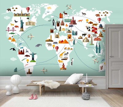 3D Green World Map Landmark Wall Murals Wallpaper Murals Wall Sticker