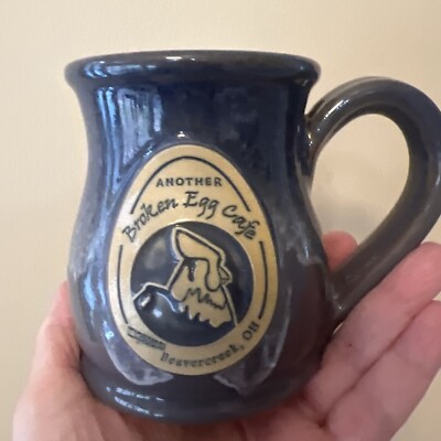 Deneen Pottery ANOTHER BROKEN EGG CAFE Coffee Cup Blue Drip Glaze Stoneware Mug
