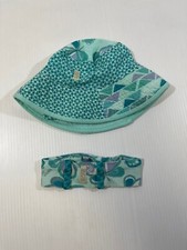 Naartjie Girls Cotton Blend Teal Floral Print Bucket Hat Headband 2Pc Set 3/6Mo