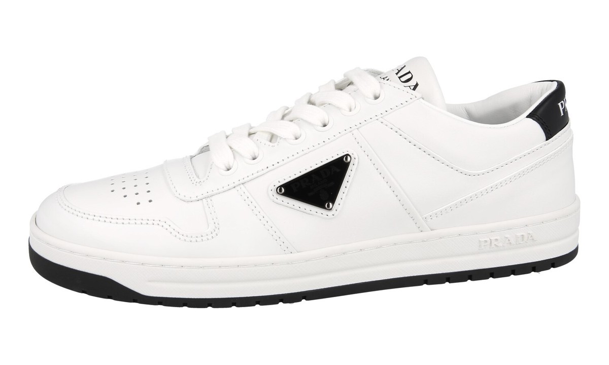 スニーカー PRADA Women Sneakers 1E792MF0503LPFF0009 White PRADA Leather Downtown Sneakers - 1E792M - White/Black - NEW