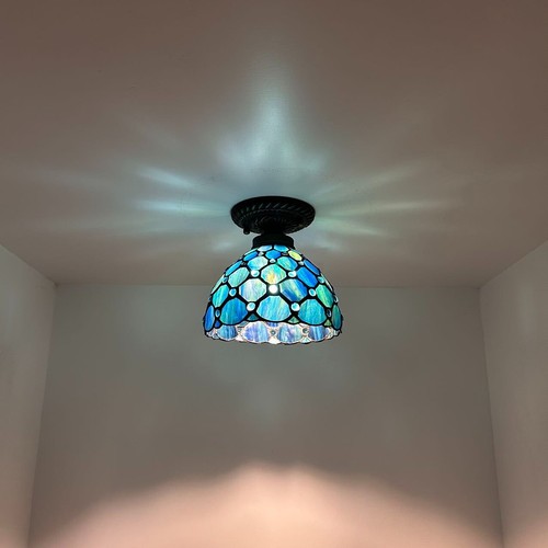 Tiffany Style Ceiling Lights Blue Stained Glass Crystal Beans LED Bulb 8"H8"W8"D - Picture 2 of 6