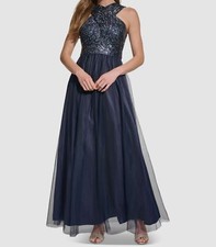 Eliza J Women's Blue Wrap-Neck Sequin Sleeveless Tulle Gown Dress Size 6