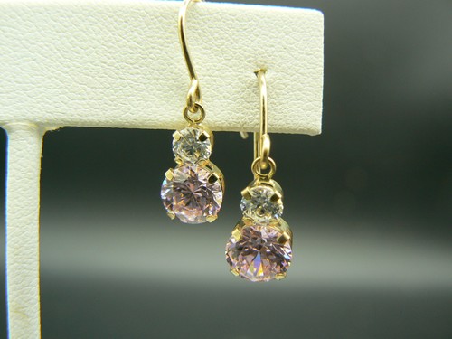 14k Yellow Gold Pink & White Diamonique CZ 7/8" Drop Dangle Pierced Earrings JCM - Picture 2 of 5