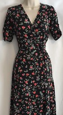 LIPSY Black MIDI Dress Size 10 Floral Printed Knot Wrap Flared Jersey New